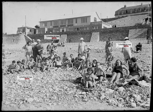 Plaque verre photo ancienne négatif noir et blanc 13x18 cm plage de Puys Dieppe