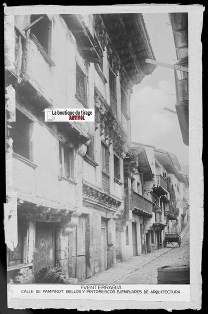 Plaque verre photo vintage négatif noir & blanc 9x14 cm Fuenterrabia, ruelle