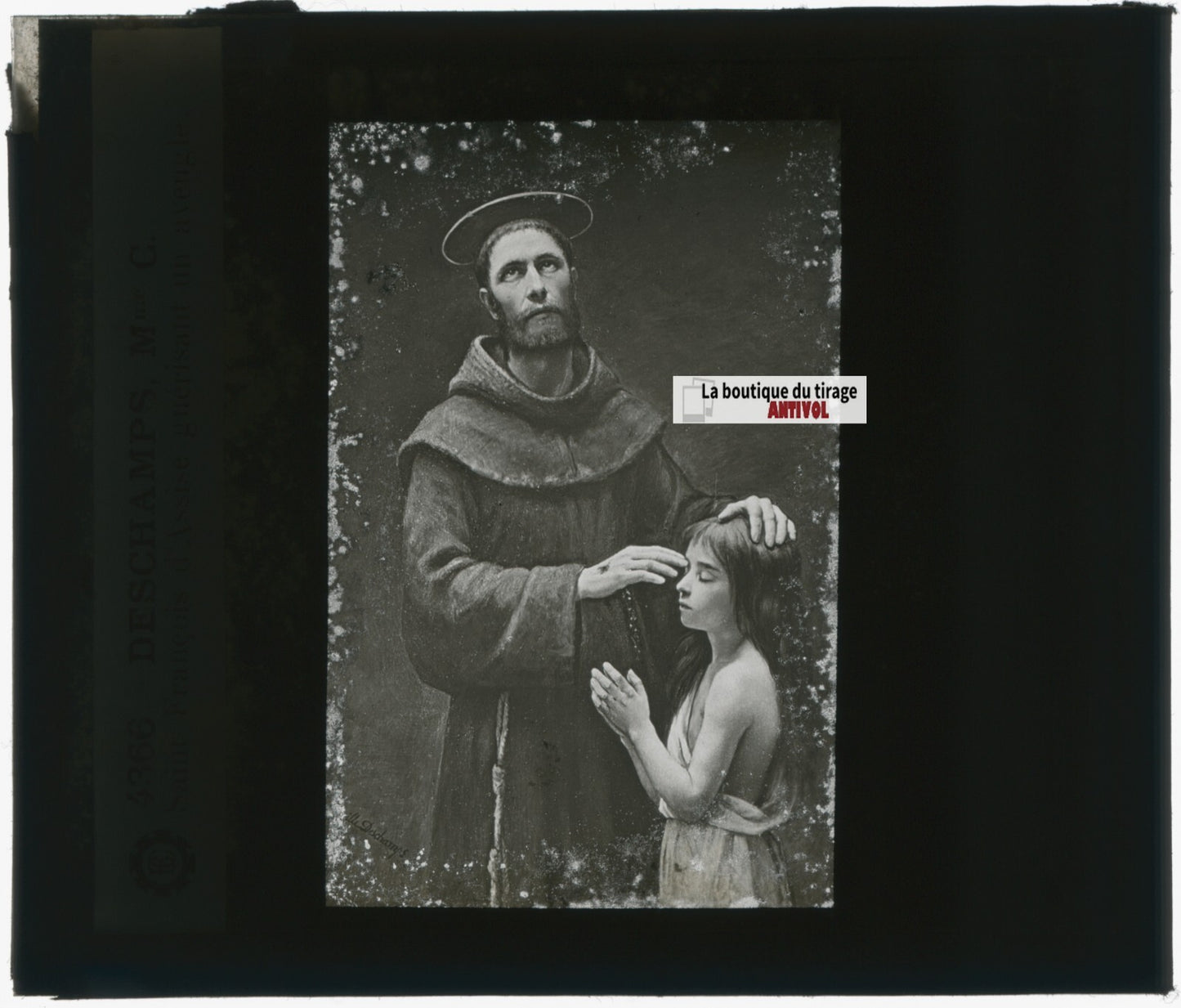 François d'Assise, dessin, plaque de verre, noir & blanc, positif 8,5x10 cm