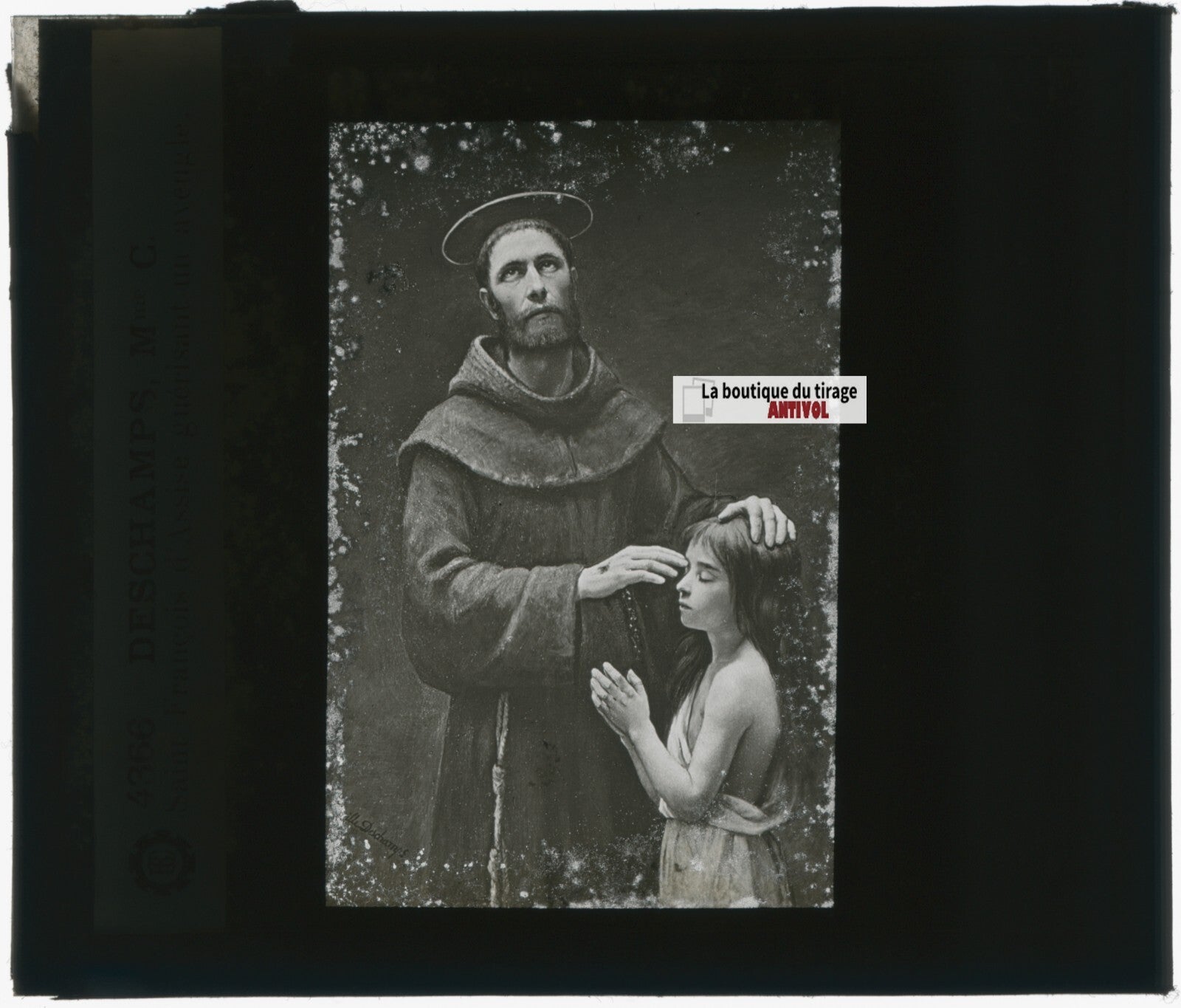 François d'Assise, dessin, plaque de verre, noir & blanc, positif 8,5x10 cm