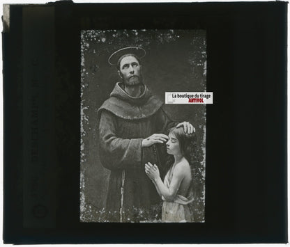 François d'Assise, dessin, plaque de verre, noir & blanc, positif 8,5x10 cm