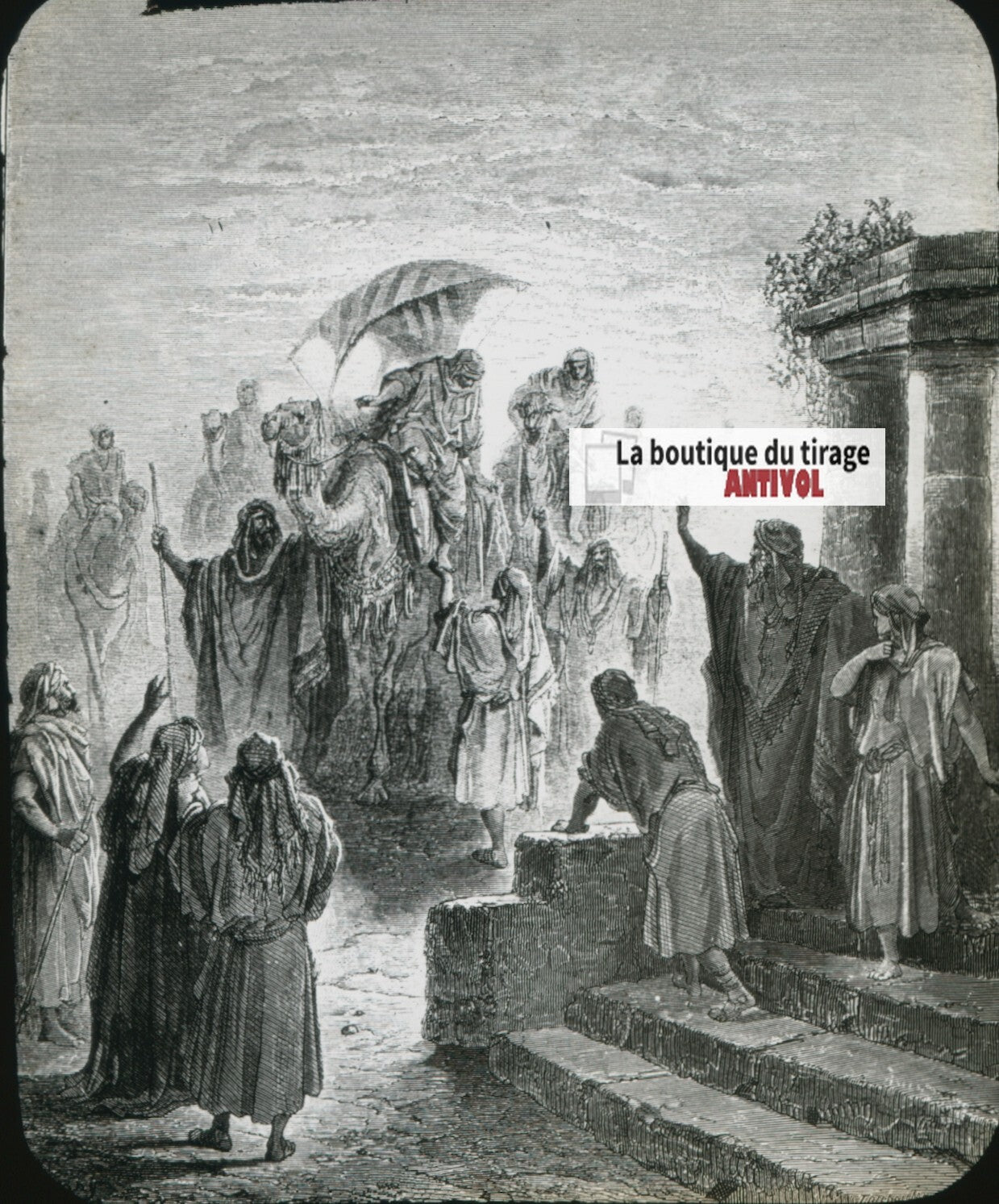 Histoire, Bible Doré, dessin, plaque de verre, noir & blanc, positif 8,5x10 cm