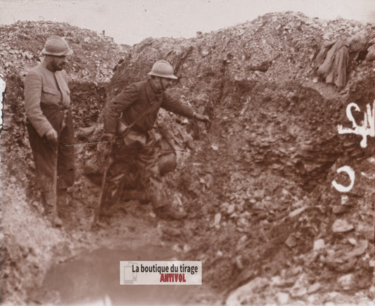 Côte 140 boyau Kiel, Souchez, guerre WW1, plaque verre stéréo, photo 4,5x10,7 cm