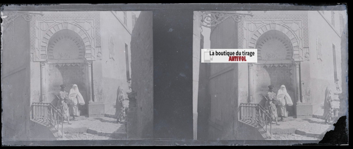 Alger, Algérie, Plaque verre stéréoscopie, négatif noir & blanc 4,5x10,7 cm