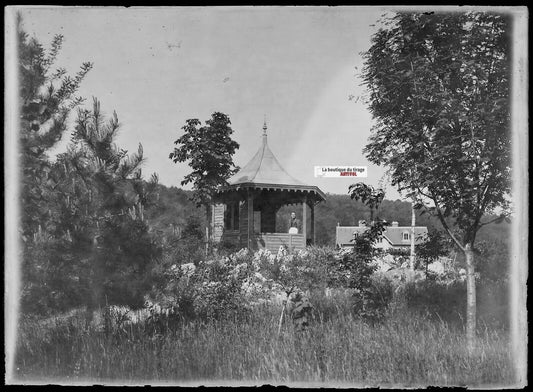 Plaque verre photo ancienne négatif noir et blanc 13x18 cm femme parc jardin 