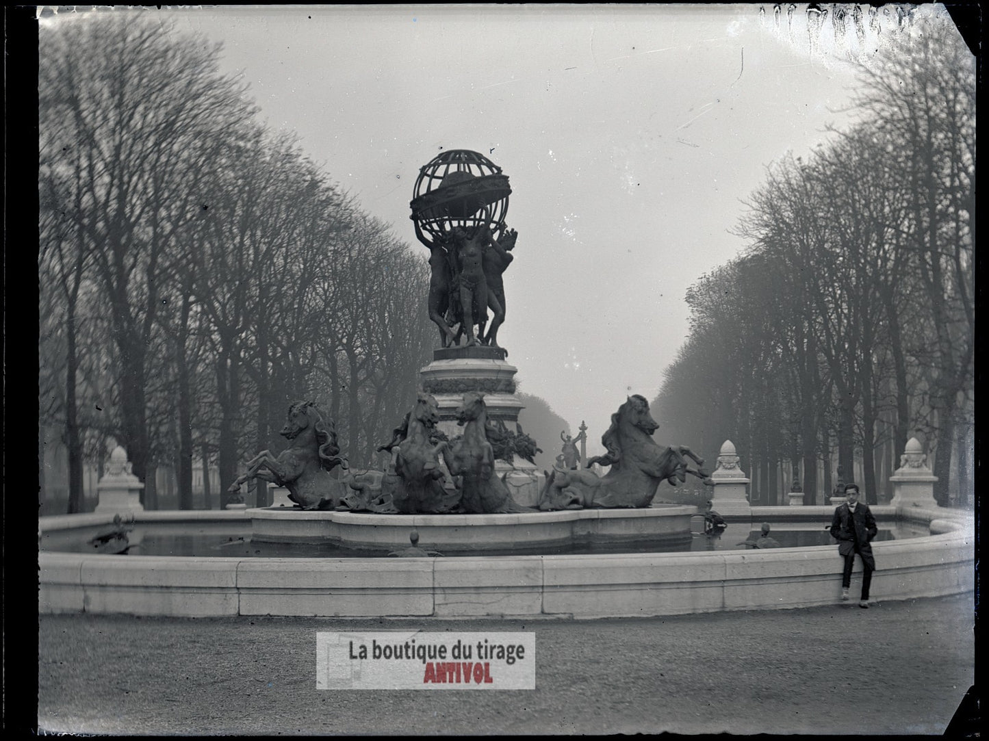 Fontaine de l’Observatoire, Paris, plaque verre, photo ancienne, négatif 9x12 cm