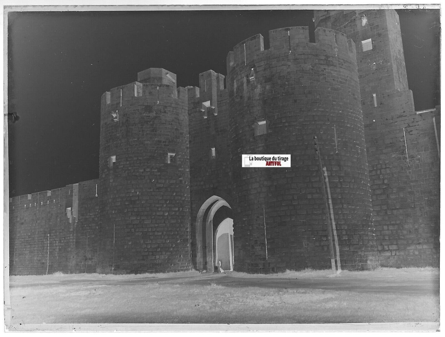 Aigues-Mortes, Porte Reine, Plaque verre photo, négatif noir & blanc 9x12 cm