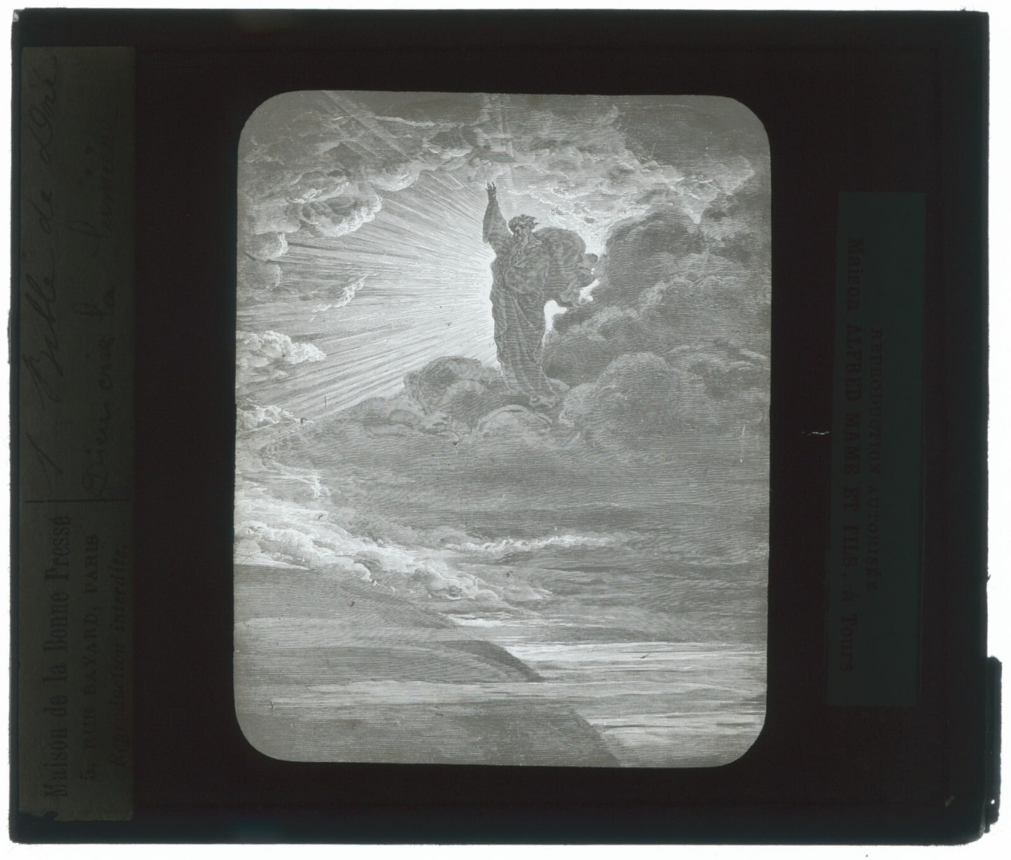 Dieu crée la lumière, Bible de Doré, dessin, plaque de verre, positif 8,5x10 cm