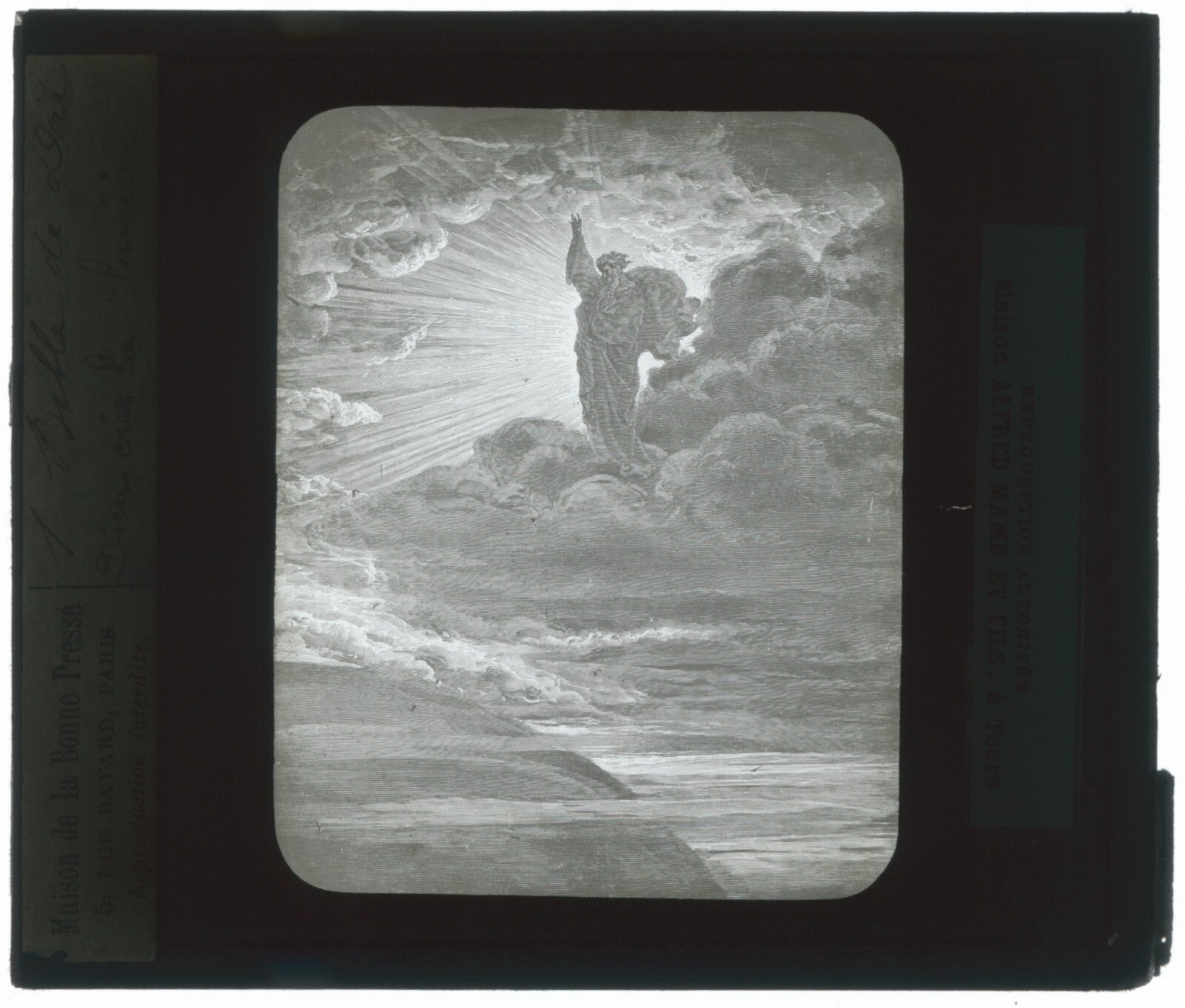 Dieu crée la lumière, Bible de Doré, dessin, plaque de verre, positif 8,5x10 cm