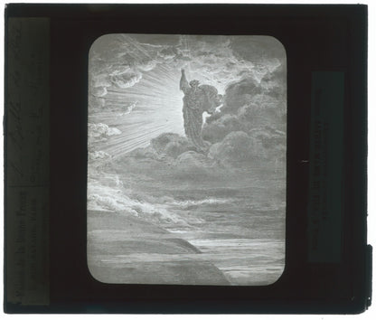 Dieu crée la lumière, Bible de Doré, dessin, plaque de verre, positif 8,5x10 cm