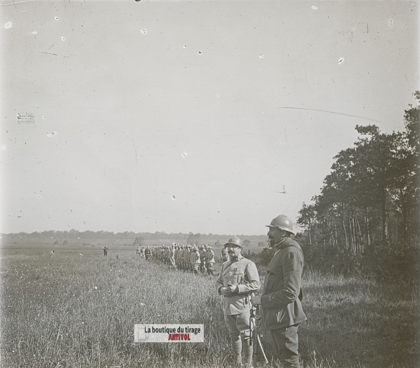 Officiers observant un exercice, WW1, plaque verre photo ancienne stéréo 6x13 cm
