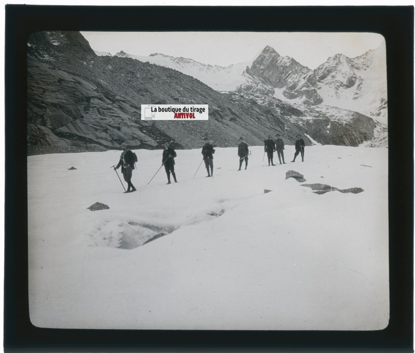 Alpinistes, montagne Suisse, photo plaque verre, noir & blanc, positif 8,5x10 cm