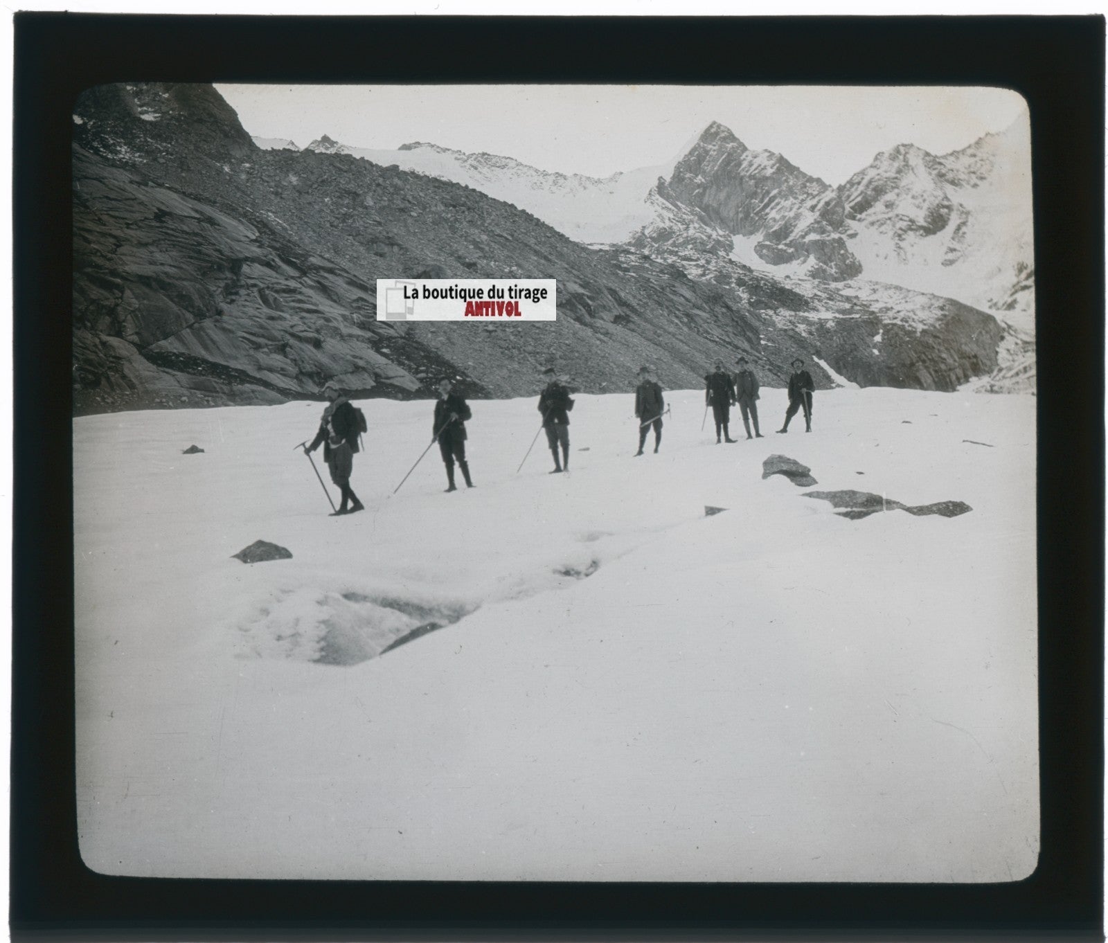 Alpinistes, montagne Suisse, photo plaque verre, noir & blanc, positif 8,5x10 cm