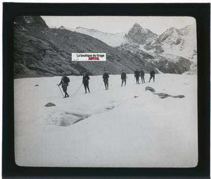 Alpinistes, montagne Suisse, photo plaque verre, noir & blanc, positif 8,5x10 cm