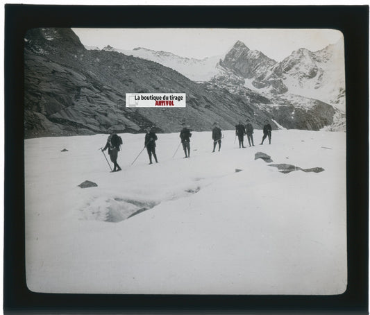 Alpinistes, montagne Suisse, photo plaque verre, noir & blanc, positif 8,5x10 cm