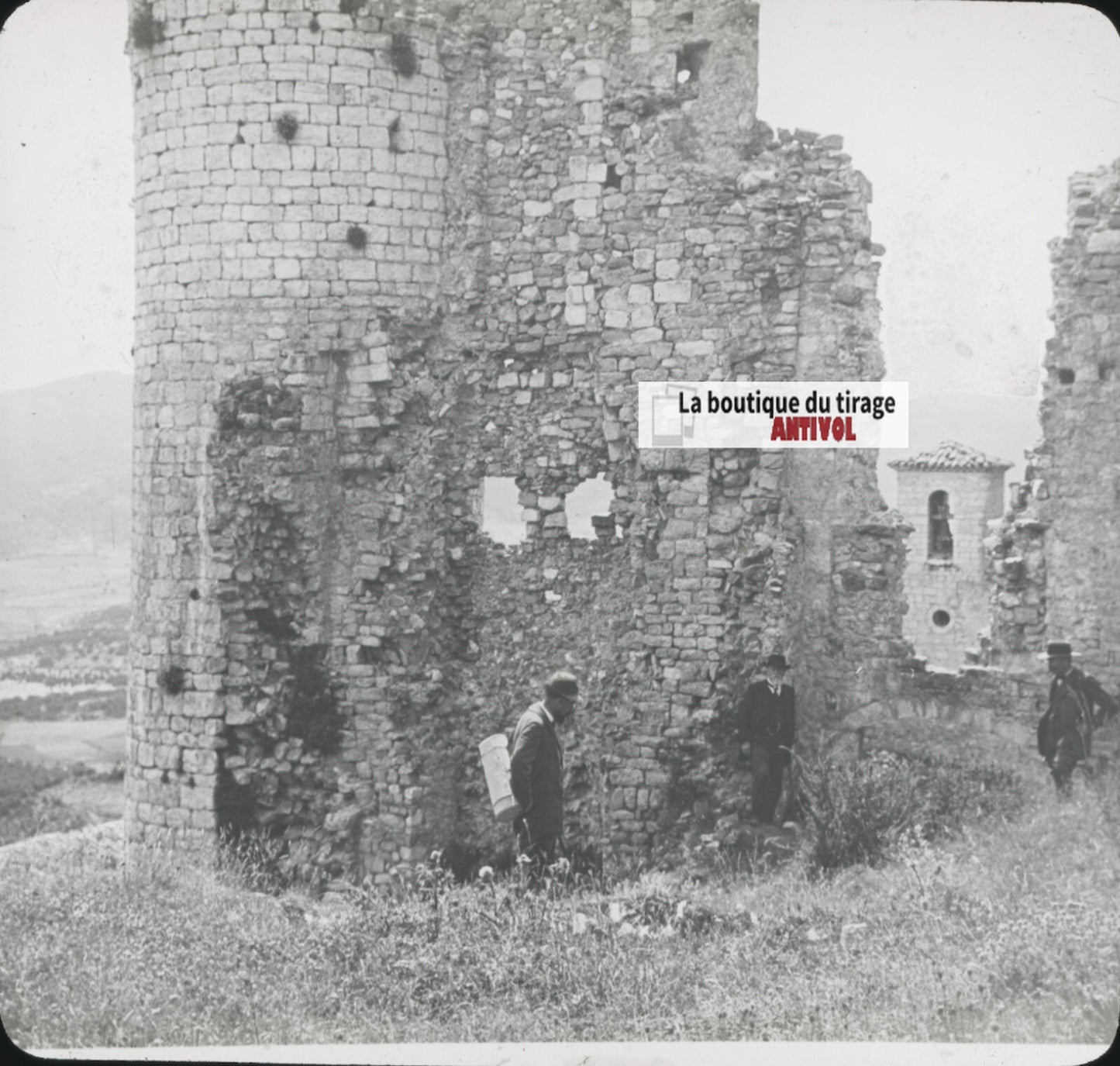 Bargème, ruines château, photo ancienne plaque de verre, positif 8,5x10 cm