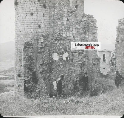Bargème, ruines château, photo ancienne plaque de verre, positif 8,5x10 cm