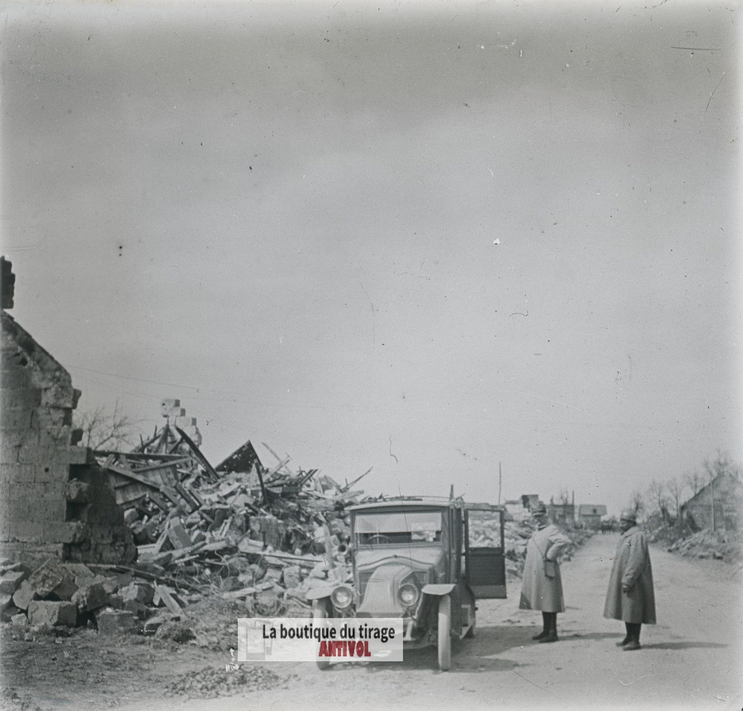 Véhicule d’état-major, voiture, WW1, plaque verre photo ancienne stéréo 6x13 cm