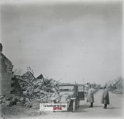 Véhicule d’état-major, voiture, WW1, plaque verre photo ancienne stéréo 6x13 cm