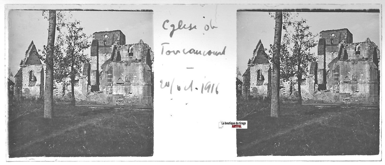 Foucaucourt église, Plaque verre stéréo positif ancien noir & blanc 4,5x10,7 cm