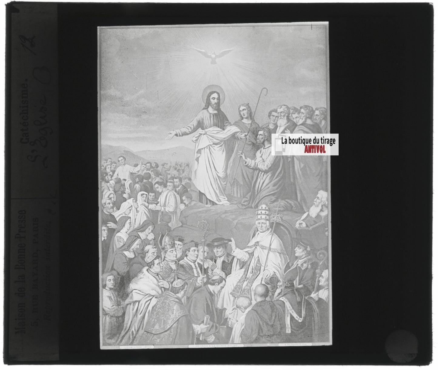 Scène religieuse, catéchisme, dessin peinture, plaque verre, positif 8,5x10 cm