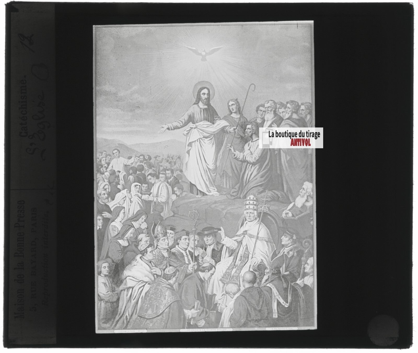 Scène religieuse, catéchisme, dessin peinture, plaque verre, positif 8,5x10 cm