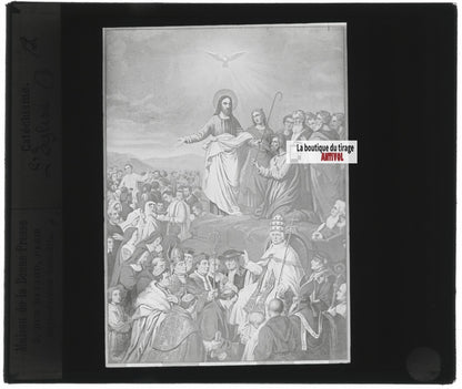 Scène religieuse, catéchisme, dessin peinture, plaque verre, positif 8,5x10 cm