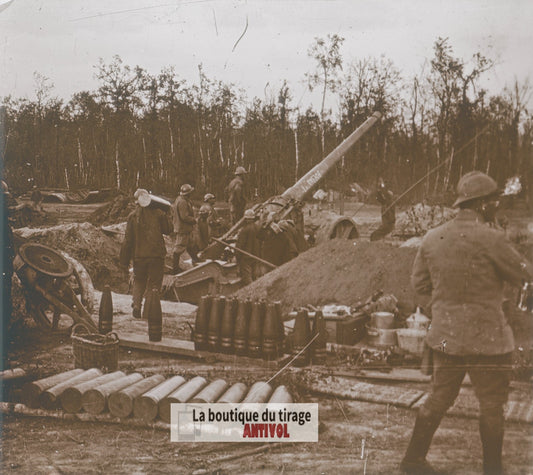 Canon de 120 long artillerie, guerre WW1, plaque verre stéréo, photo 4,5x10,7 cm