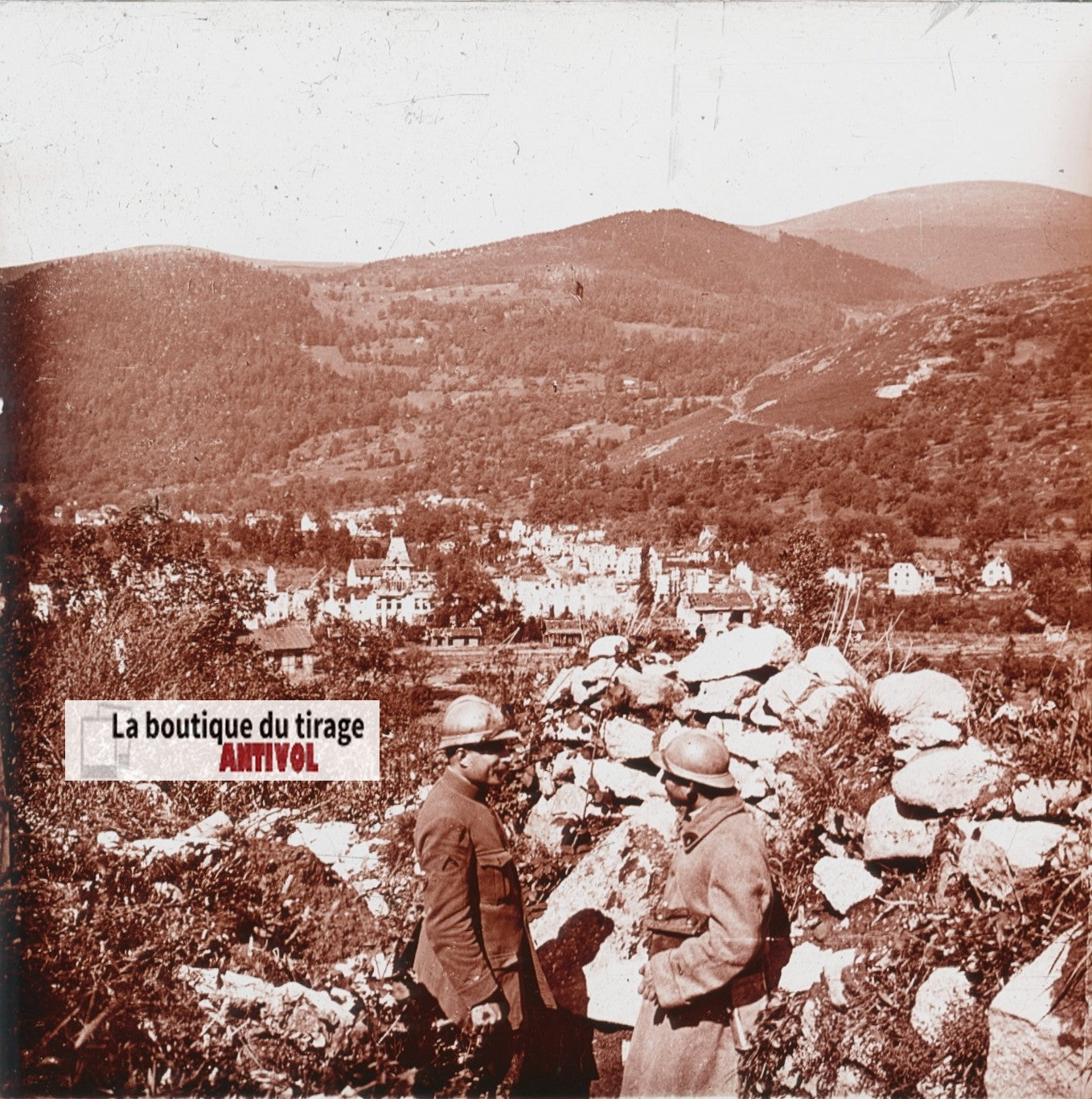 Metzeral, Vosges, WW1 soldats, plaque verre, photo ancienne stéréoscopie 6x13 cm
