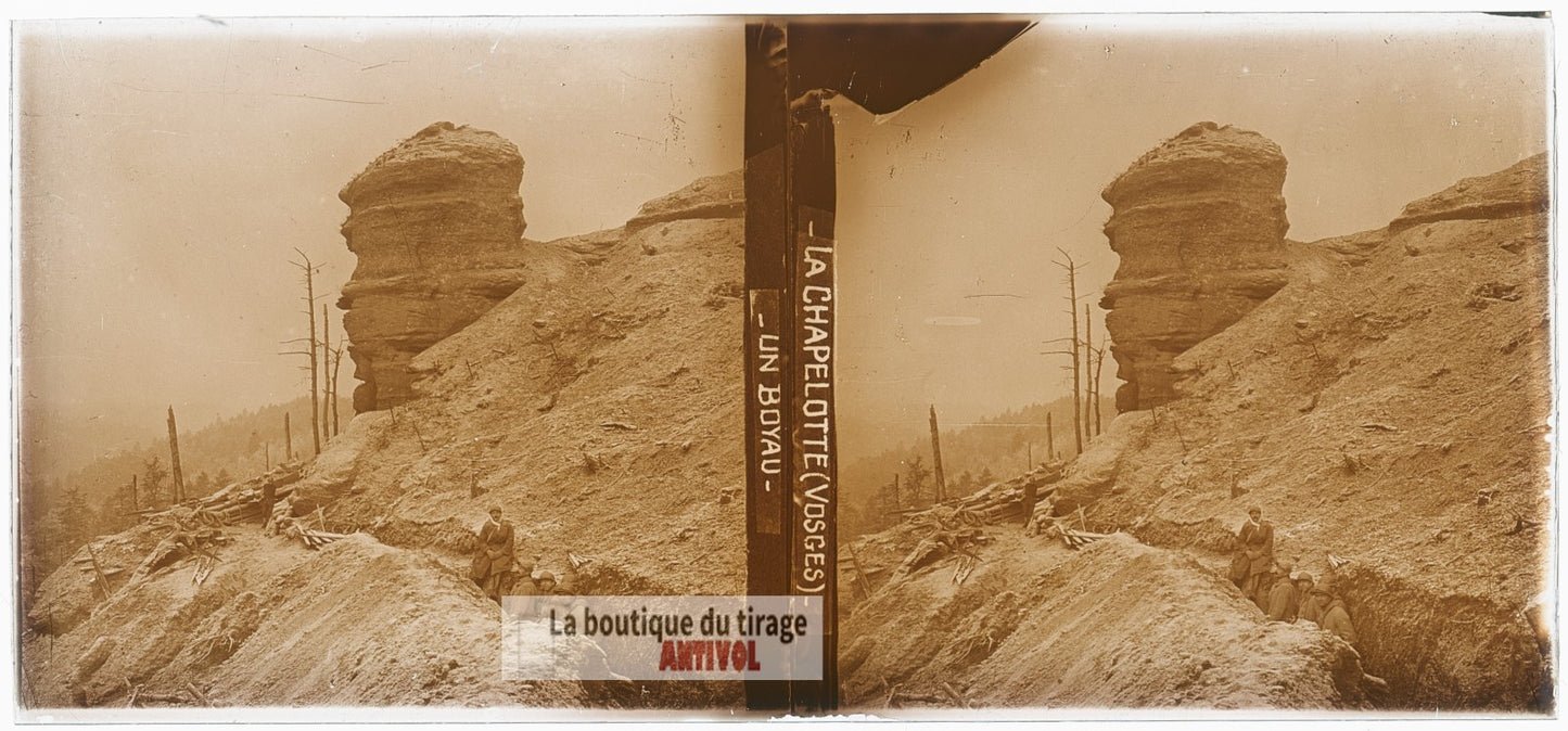 Chapelotte, Vosges, guerre WW1, plaque verre photo ancienne stéréo 6x13 cm