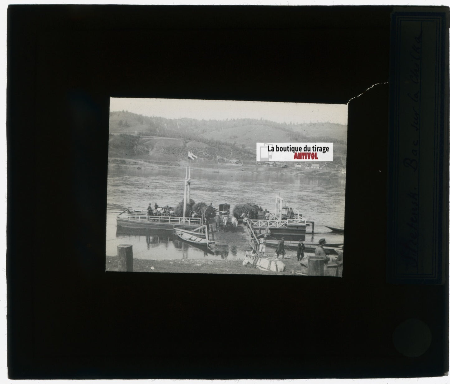 Bateau, Sretensk, Russie, photo plaque verre, noir & blanc, positif 8,5x10 cm