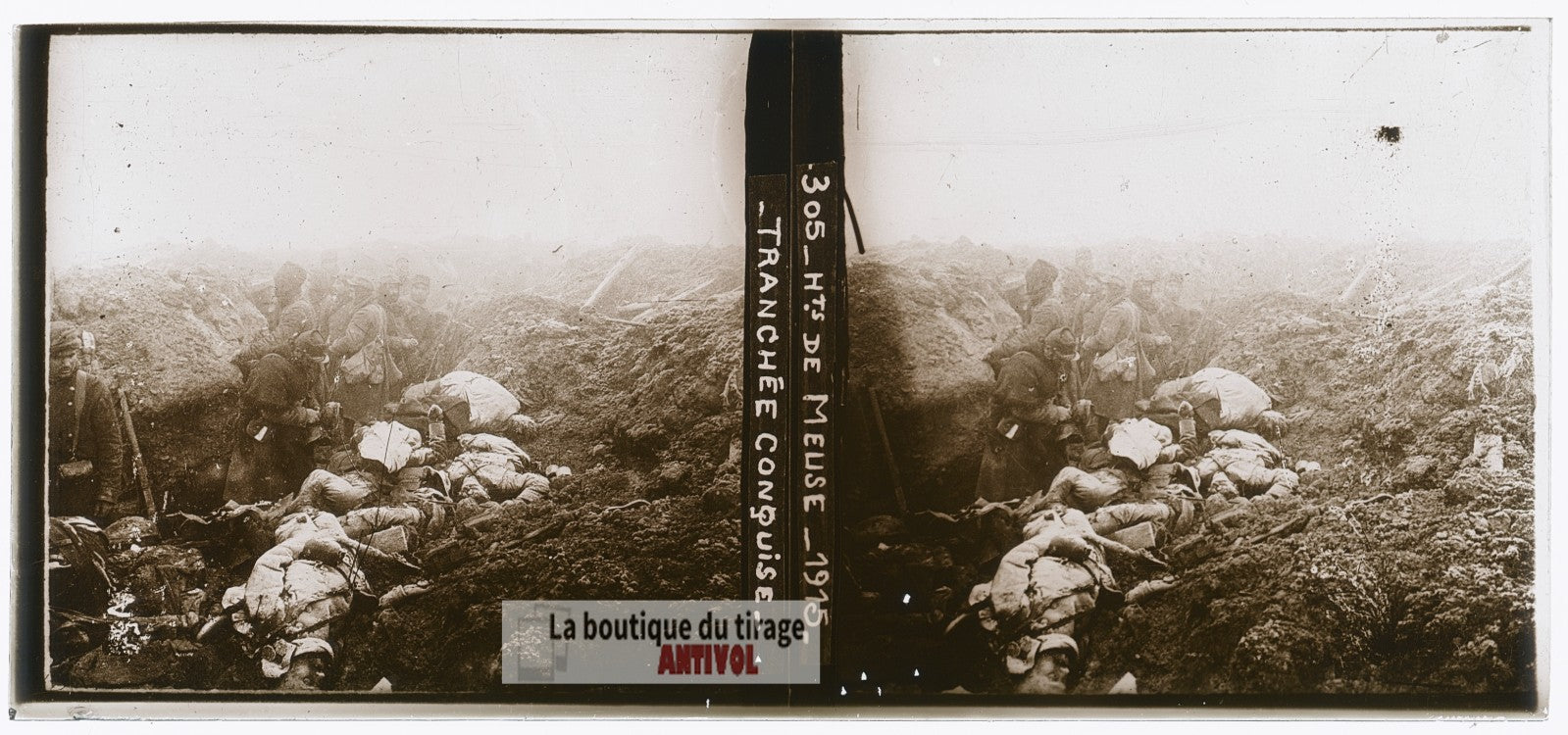 Hauts-de-Meuse, tranchée, guerre WW1, plaque verre photo ancienne stéréo 6x13 cm