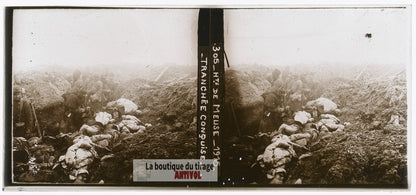 Hauts-de-Meuse, tranchée, guerre WW1, plaque verre photo ancienne stéréo 6x13 cm