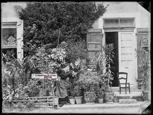 Plaque verre photo ancienne négatif noir et blanc 9x12 cm femme jardinière 