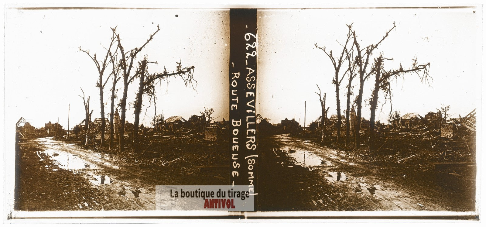 Assevillers, Somme, guerre WW1, plaque verre photo ancienne stéréo 6x13 cm