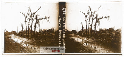 Assevillers, Somme, guerre WW1, plaque verre photo ancienne stéréo 6x13 cm