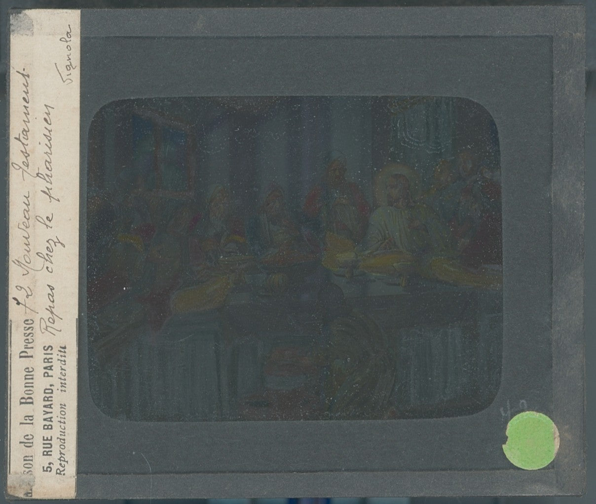 Repas chez le pharisien, dessin, plaque verre ancienne, couleur 8,5x10 cm