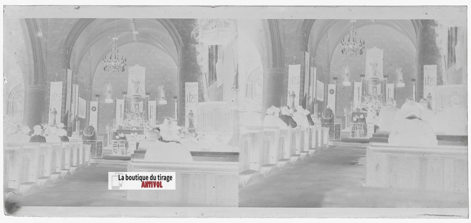Eglise, village France, plaque verre, photo ancienne, négatif N&B 6x13 cm