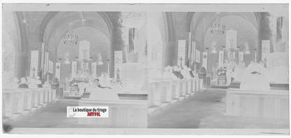 Eglise, village France, plaque verre, photo ancienne, négatif N&B 6x13 cm