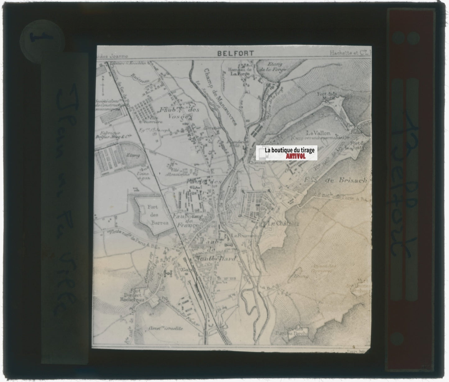 Carte, Plan de Belfort, photo plaque verre, noir & blanc, positif 8,5x10 cm