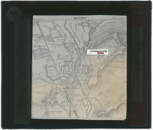Carte, Plan de Belfort, photo plaque verre, noir & blanc, positif 8,5x10 cm