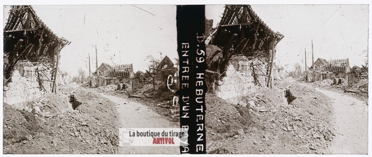 Village d’Hébuterne, guerre WW1, plaque verre stéréo, photo ancienne 4,5x10,7 cm