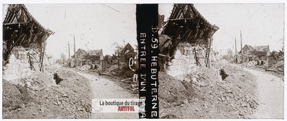 Village d’Hébuterne, guerre WW1, plaque verre stéréo, photo ancienne 4,5x10,7 cm