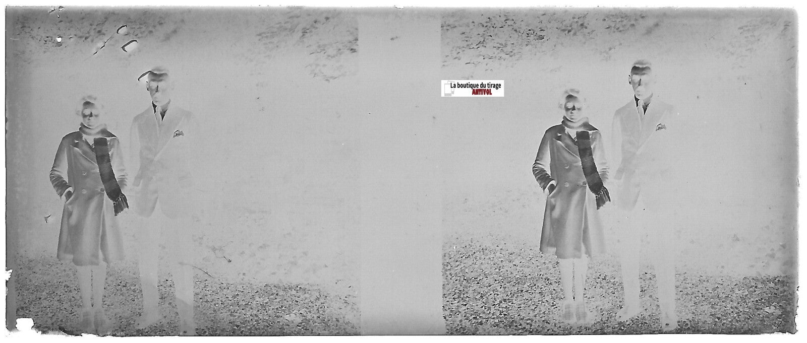 Famille, Plaque verre photo stéréoscopique, négatif noir & blanc 4,5x10,7 cm