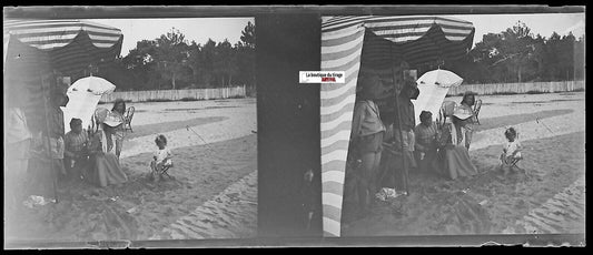 Plage, mer, Plaque verre photo stéréoscopique, négatif noir & blanc 4,5x10,7 cm