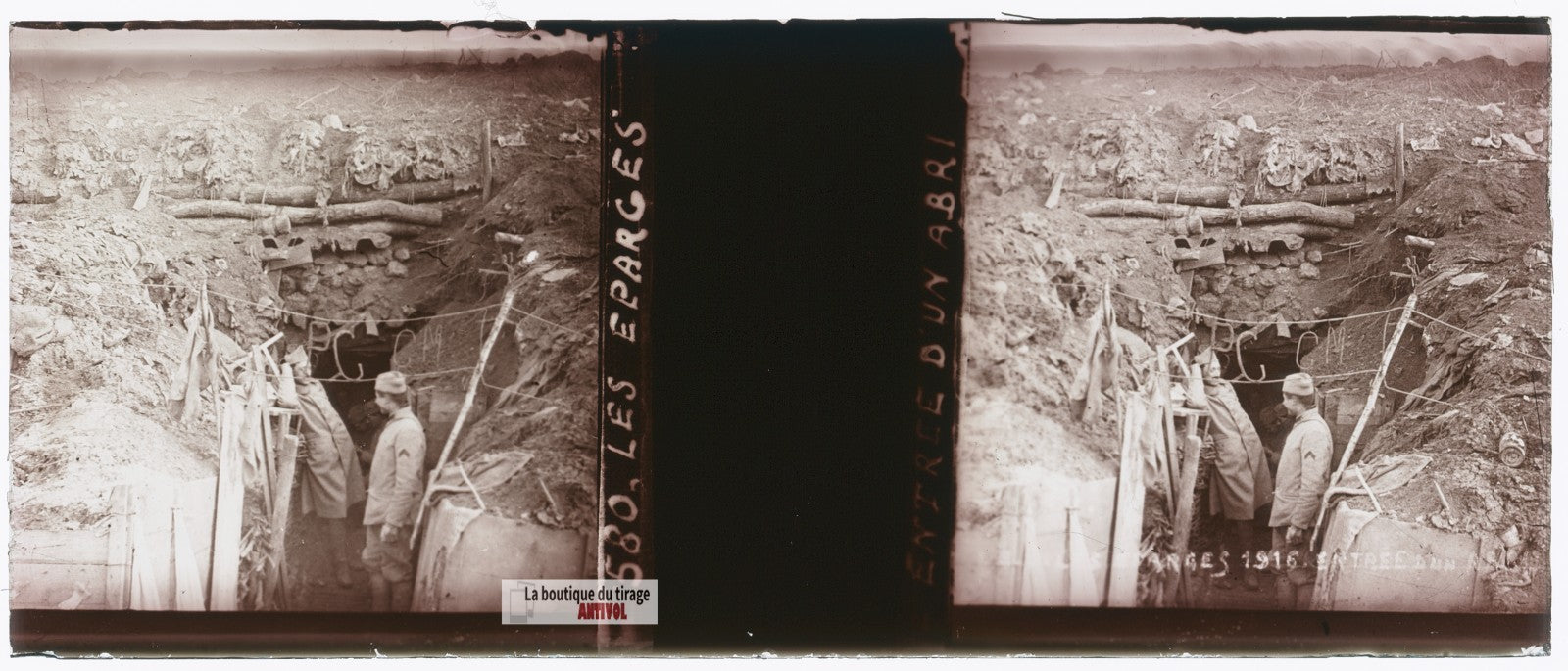 Les Éparges Meuse, guerre WW1, plaque verre stéréo, photo 4,5x10,7 cm