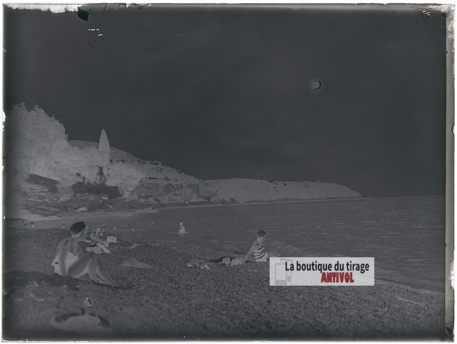Plage de la Côte d'Azur, baignade, plaque verre photo ancienne, négatif 9x12 cm