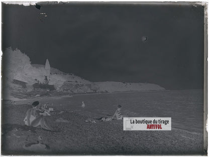 Plage de la Côte d'Azur, baignade, plaque verre photo ancienne, négatif 9x12 cm