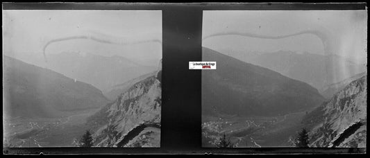 Montagne, Plaque verre photo stéréoscopique, négatif noir & blanc 4,5x10,7 cm