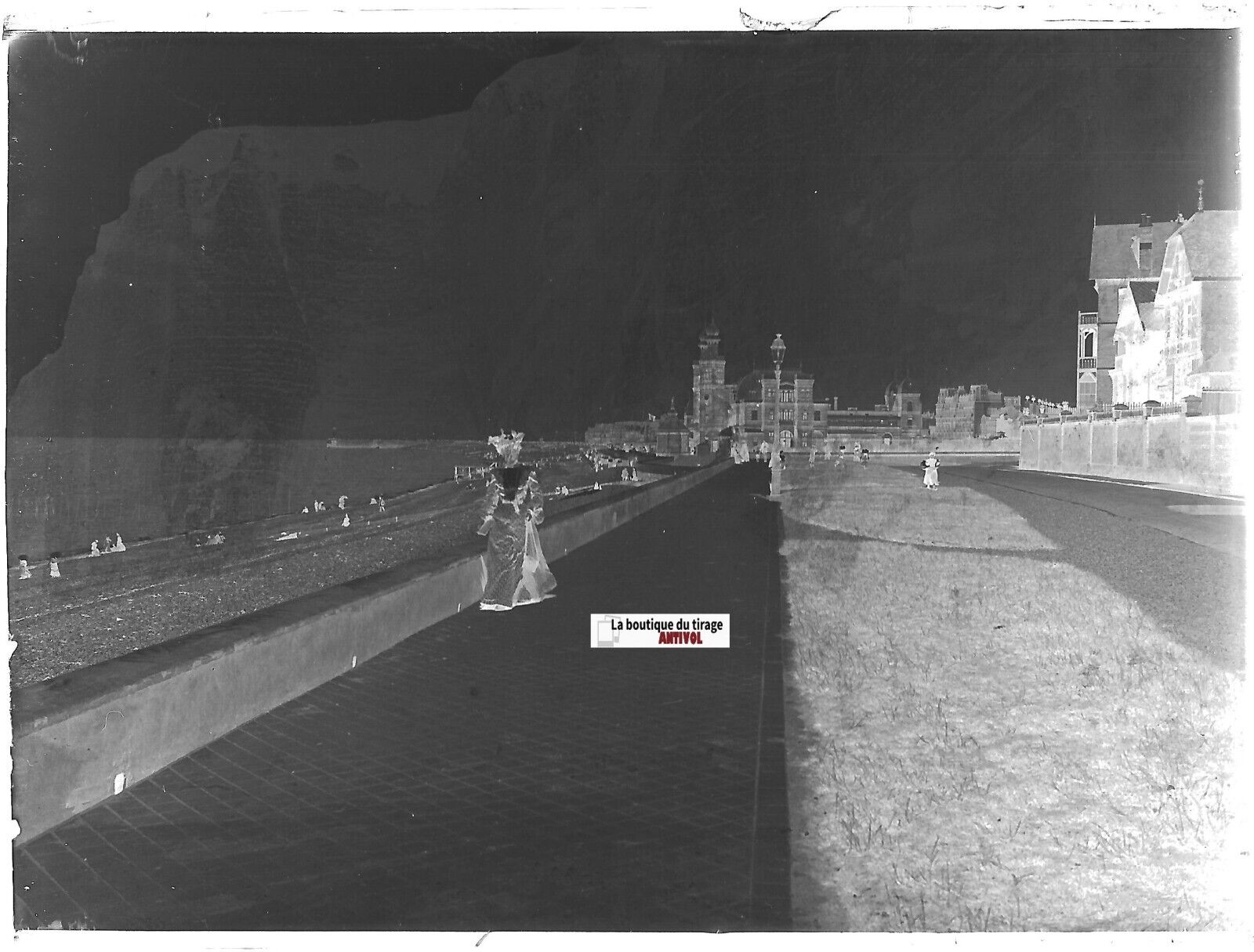 Dieppe, mer promenade, Plaque verre photo ancienne, négatif noir & blanc 9x12 cm